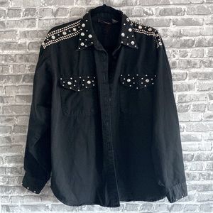 Black button down denim shirt with rhinestones/studs. Women size large